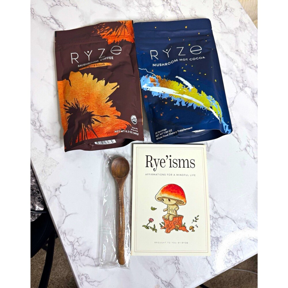 RYZE Mushroom Coffee 6.3oz + Hot Cocoa 7.85oz Set, Vegan USDA Organic